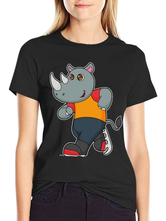 Rhino Cartoon Graphic T-Shirt - Black Cotton Tee