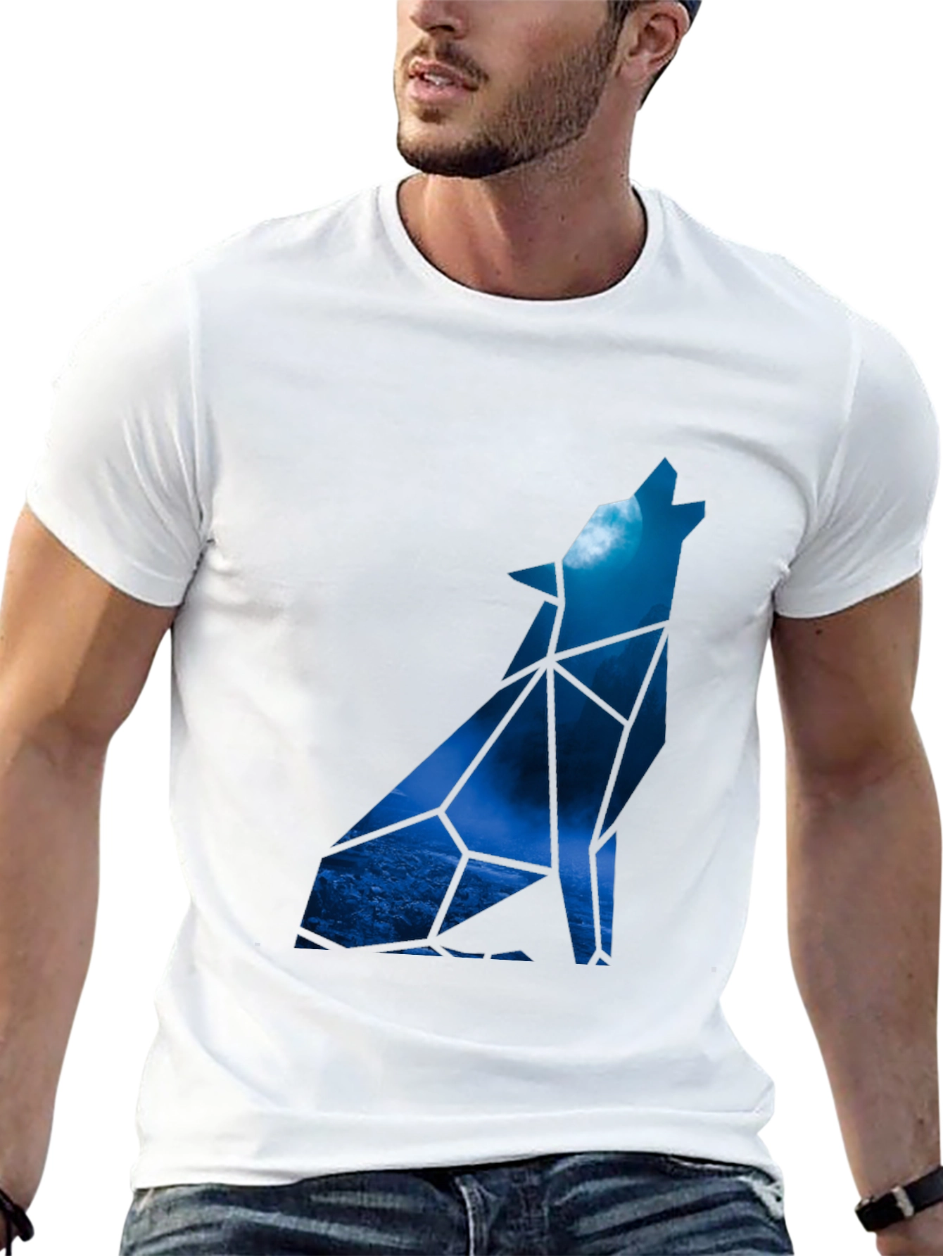Geometric Wolf Howling at Moon Graphic Tee