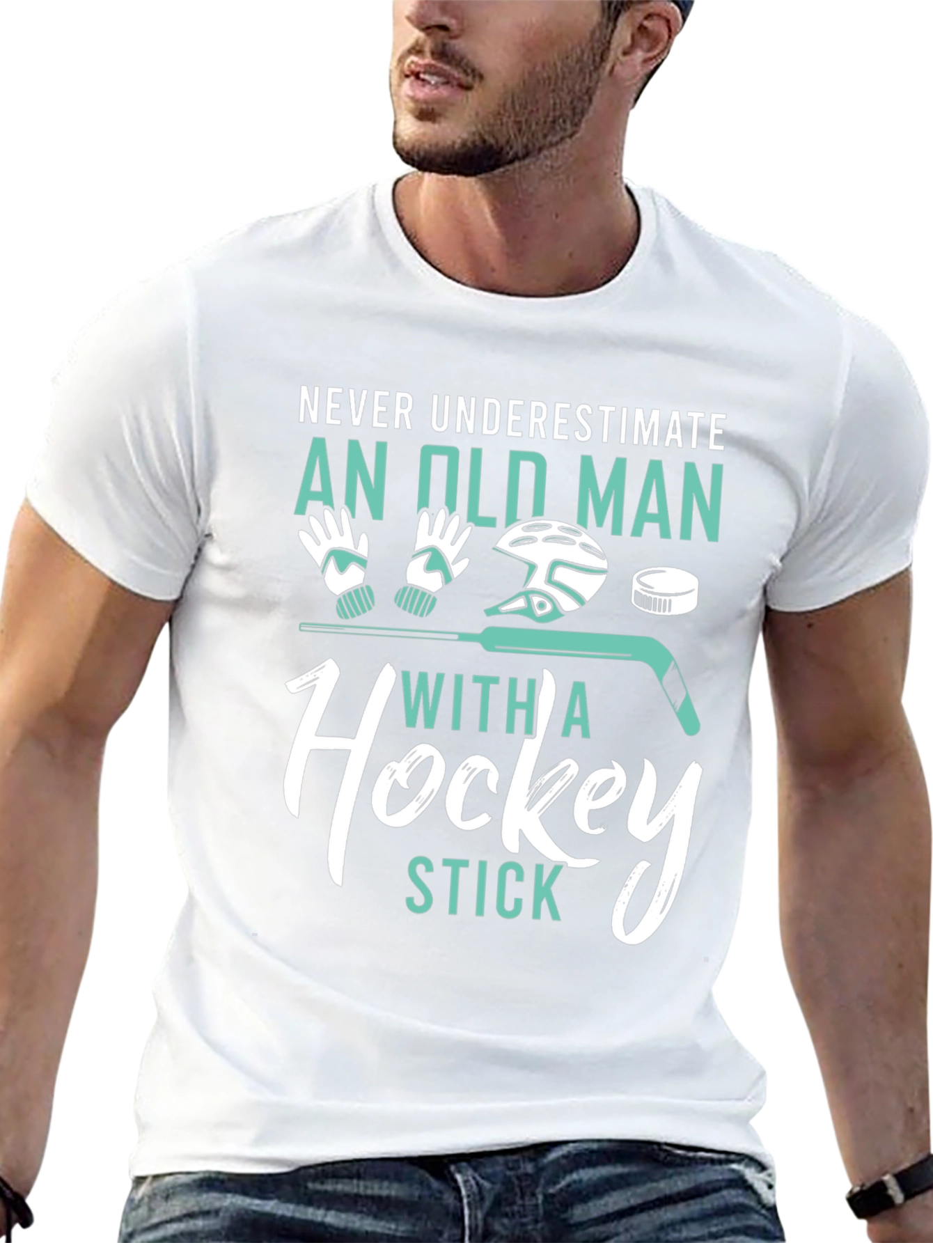 Never Underestimate Old Man Hockey Stick Graphic Tee