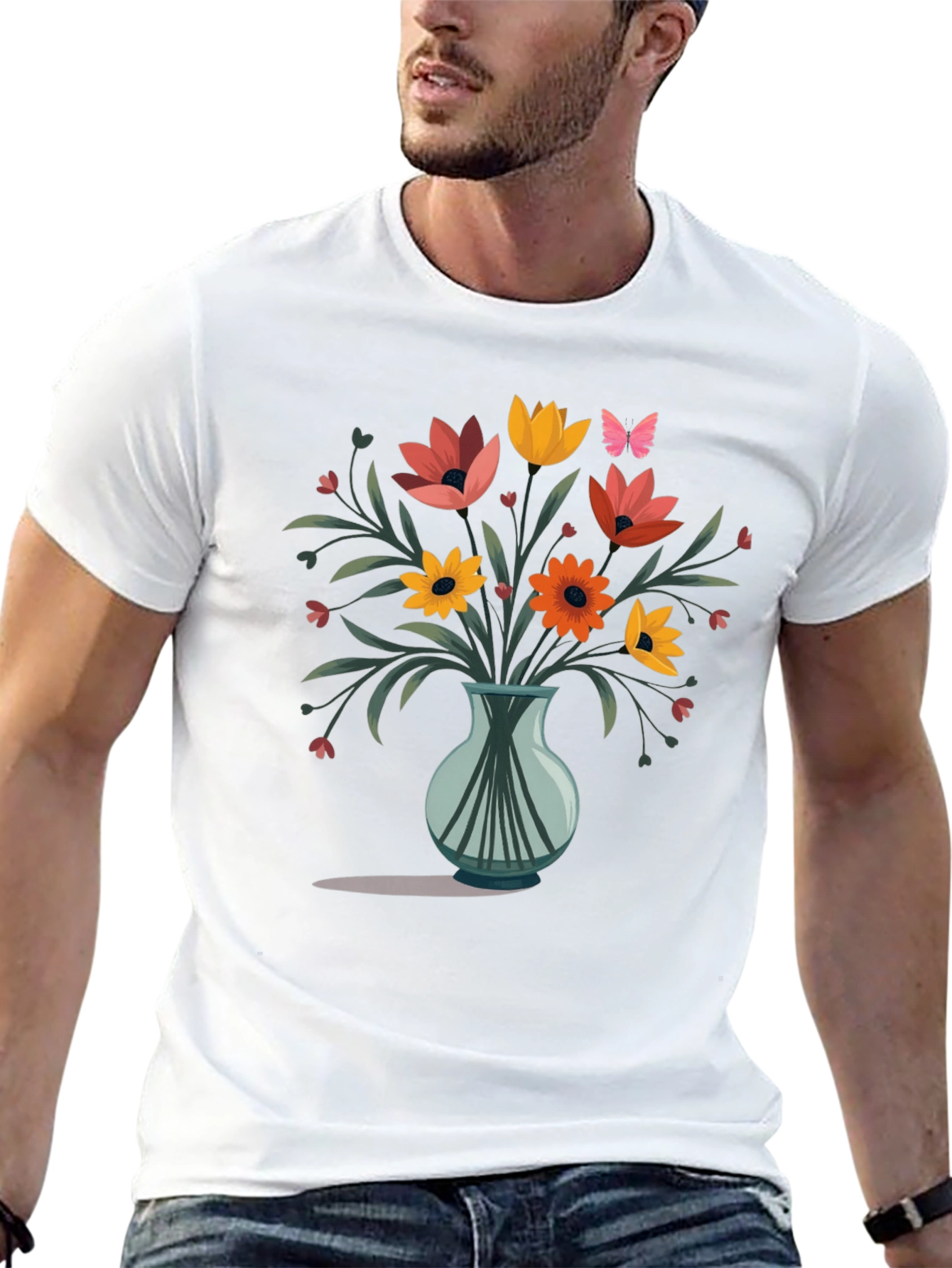 Floral Vase Graphic Print Mens Black T-Shirt