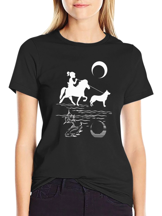 Black T-Shirt with Horse Rider Dog and Night Sky Graphic