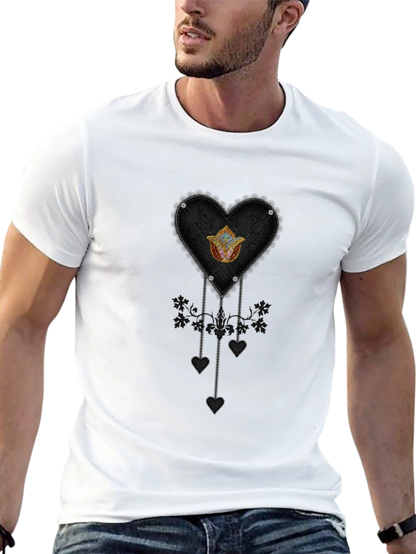 Gothic Heart & Floral Emblem Black T-Shirt