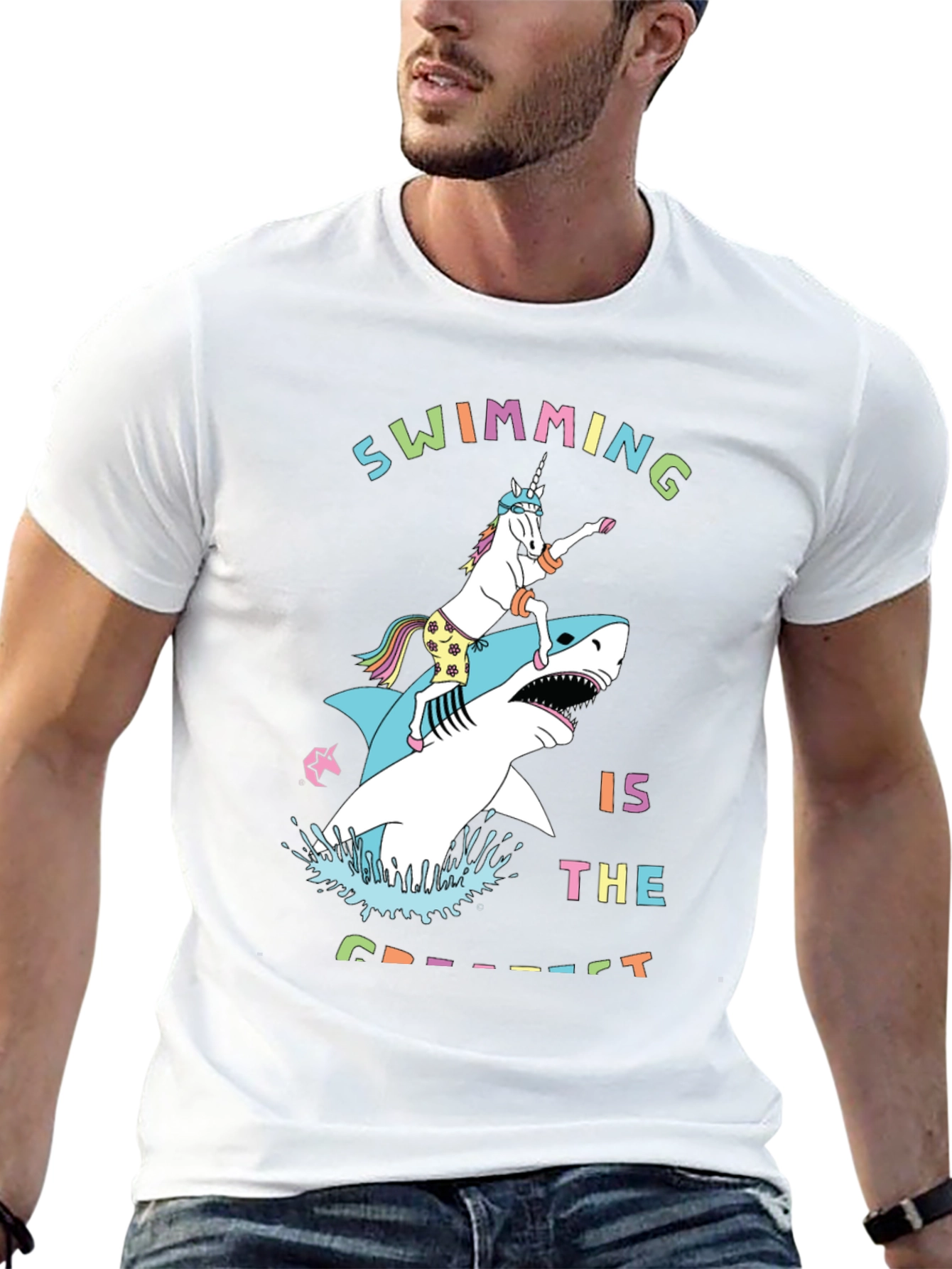 Swimming Unicorn Riding Shark Graphic Tee