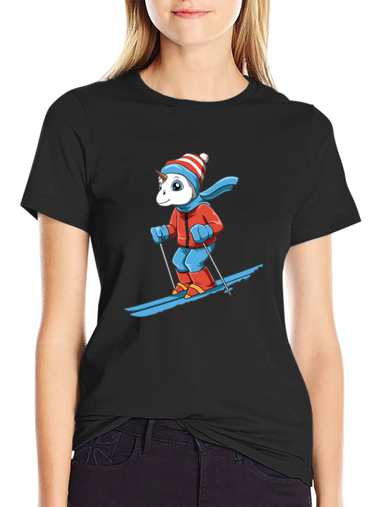 Skiing Unicorn Graphic Tee - Black Cotton T-Shirt