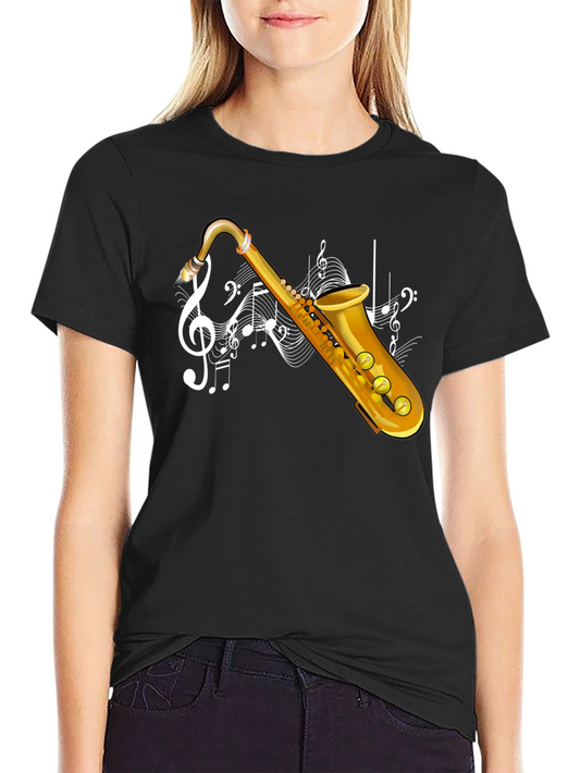 Saxophone & Music Notes Graphic Black T-Shirt