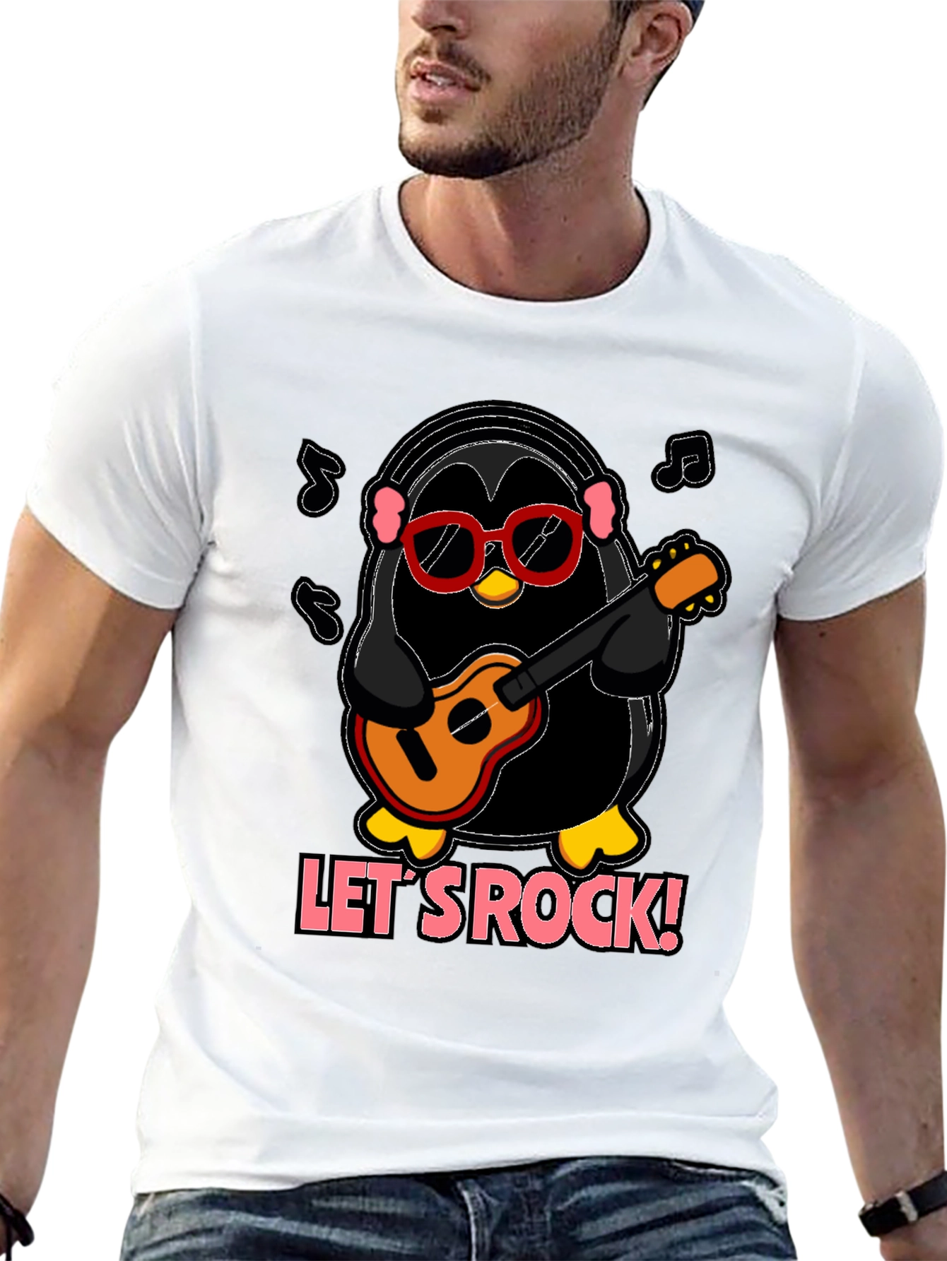 Lets Rock Penguin Musician Graphic T-Shirt