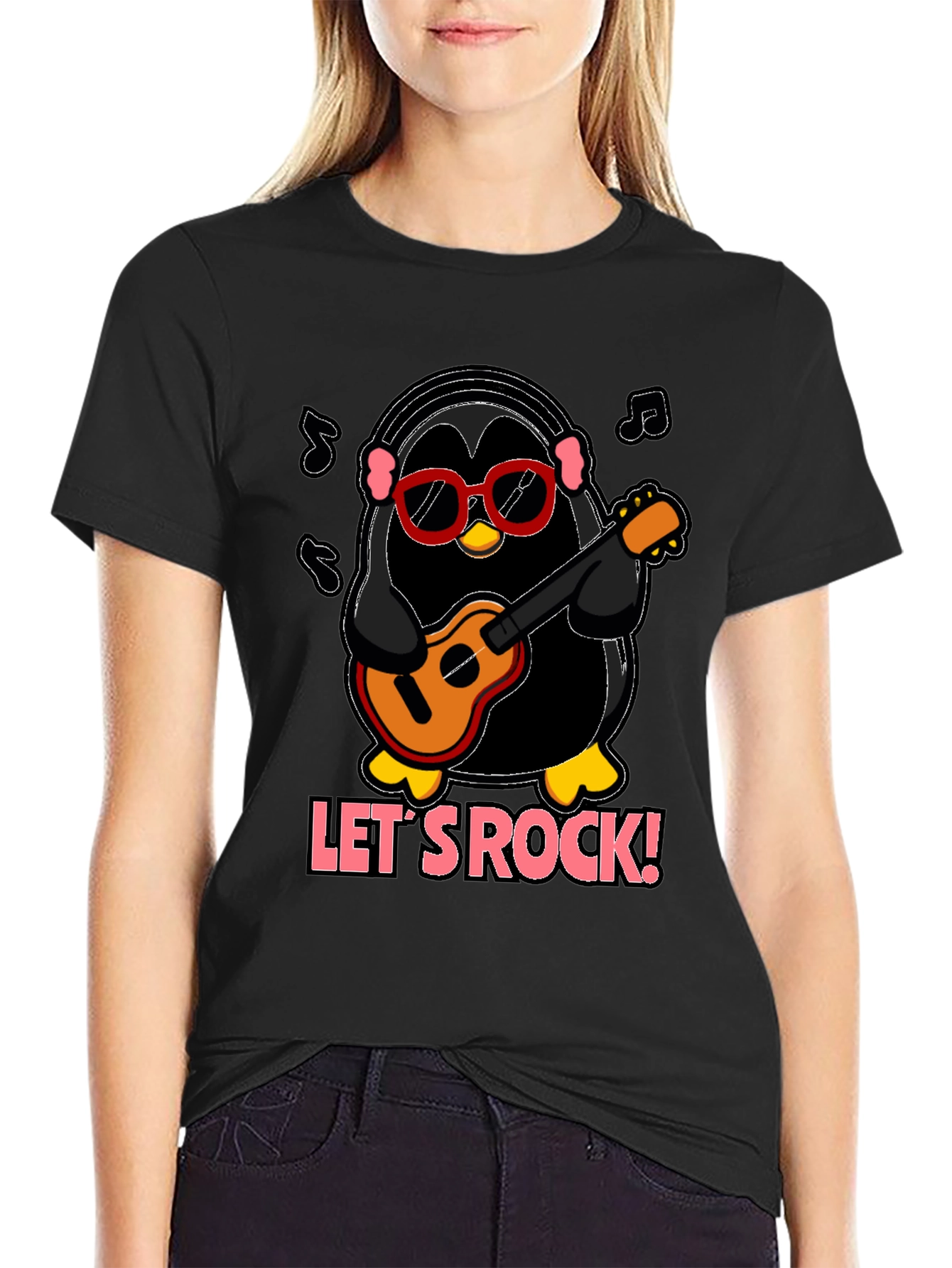 Lets Rock Penguin Musician Graphic T-Shirt