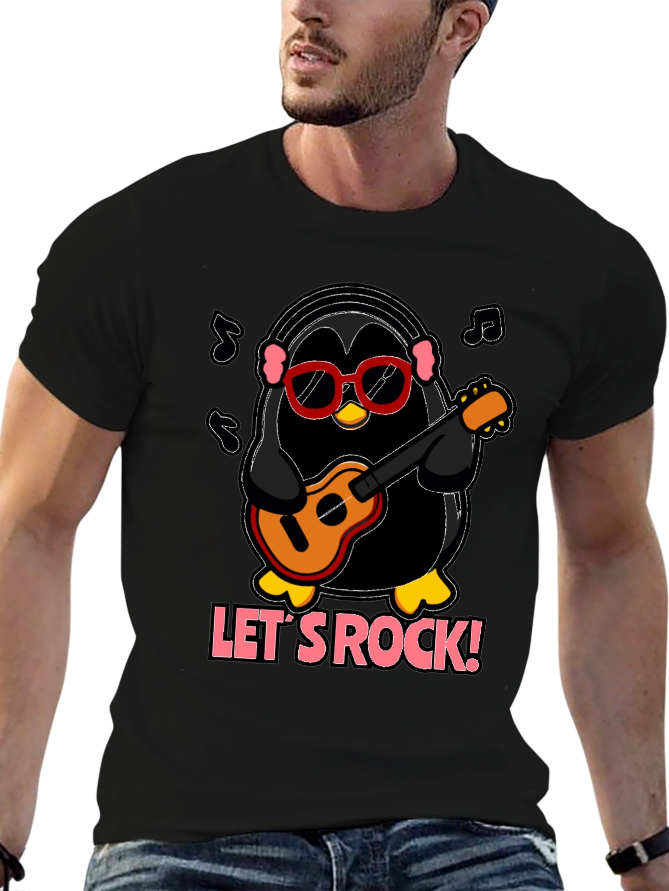 Lets Rock Penguin Musician Graphic T-Shirt