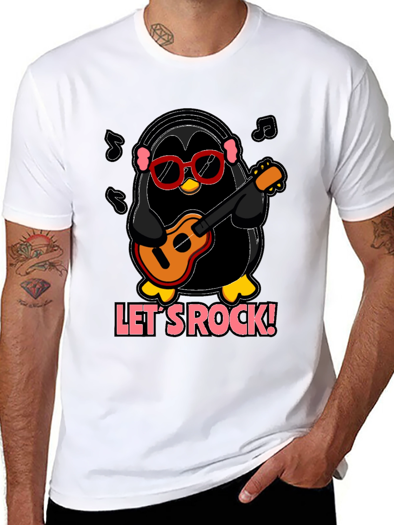 Lets Rock Penguin Musician Graphic T-Shirt