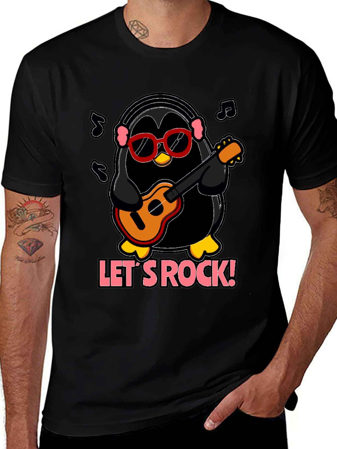 Lets Rock Penguin Musician Graphic T-Shirt