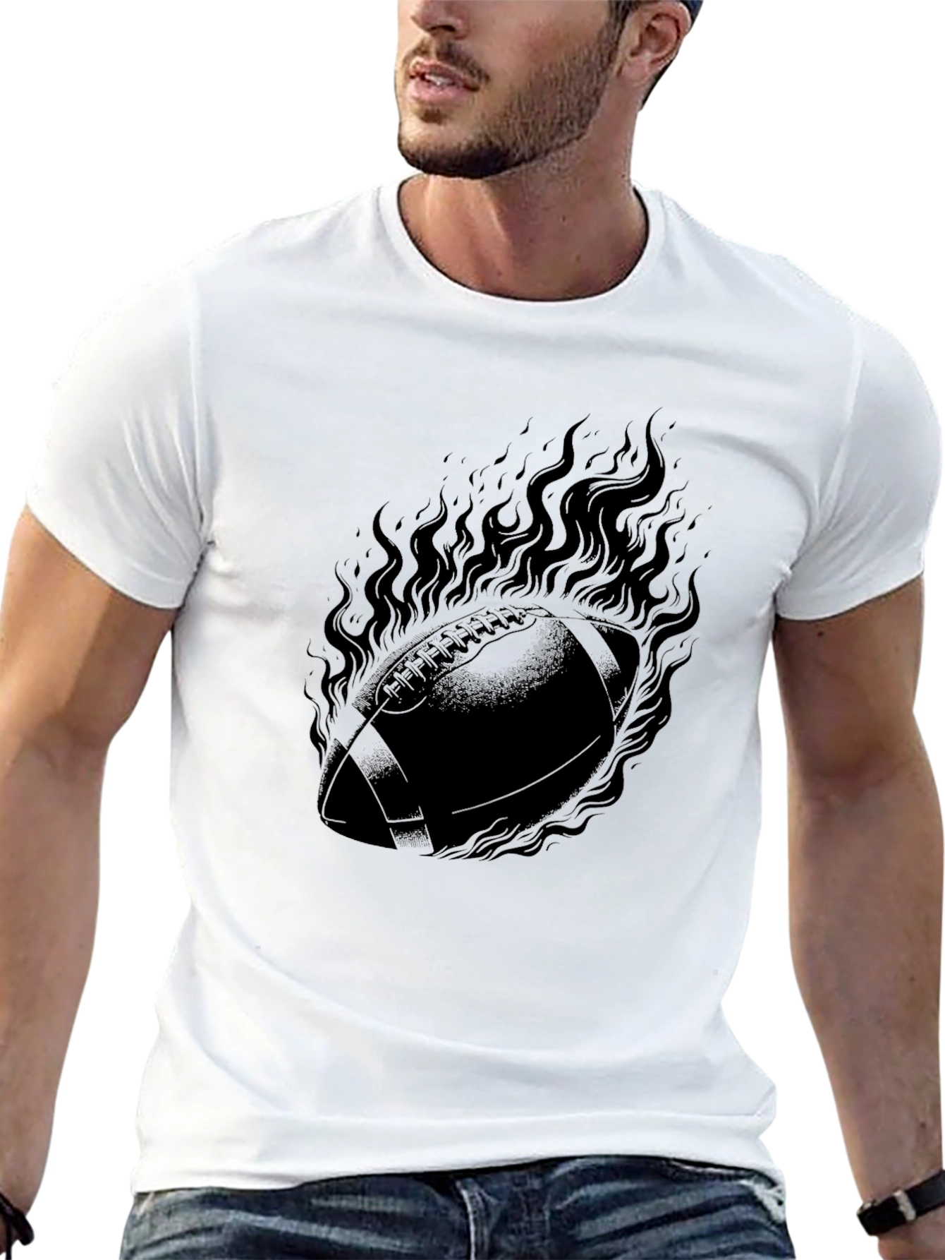 Flaming Football Graphic Tee - Black Cotton T-Shirt