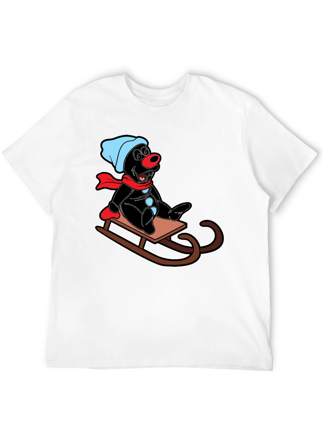 Cartoon Mole on Sled Black T-Shirt