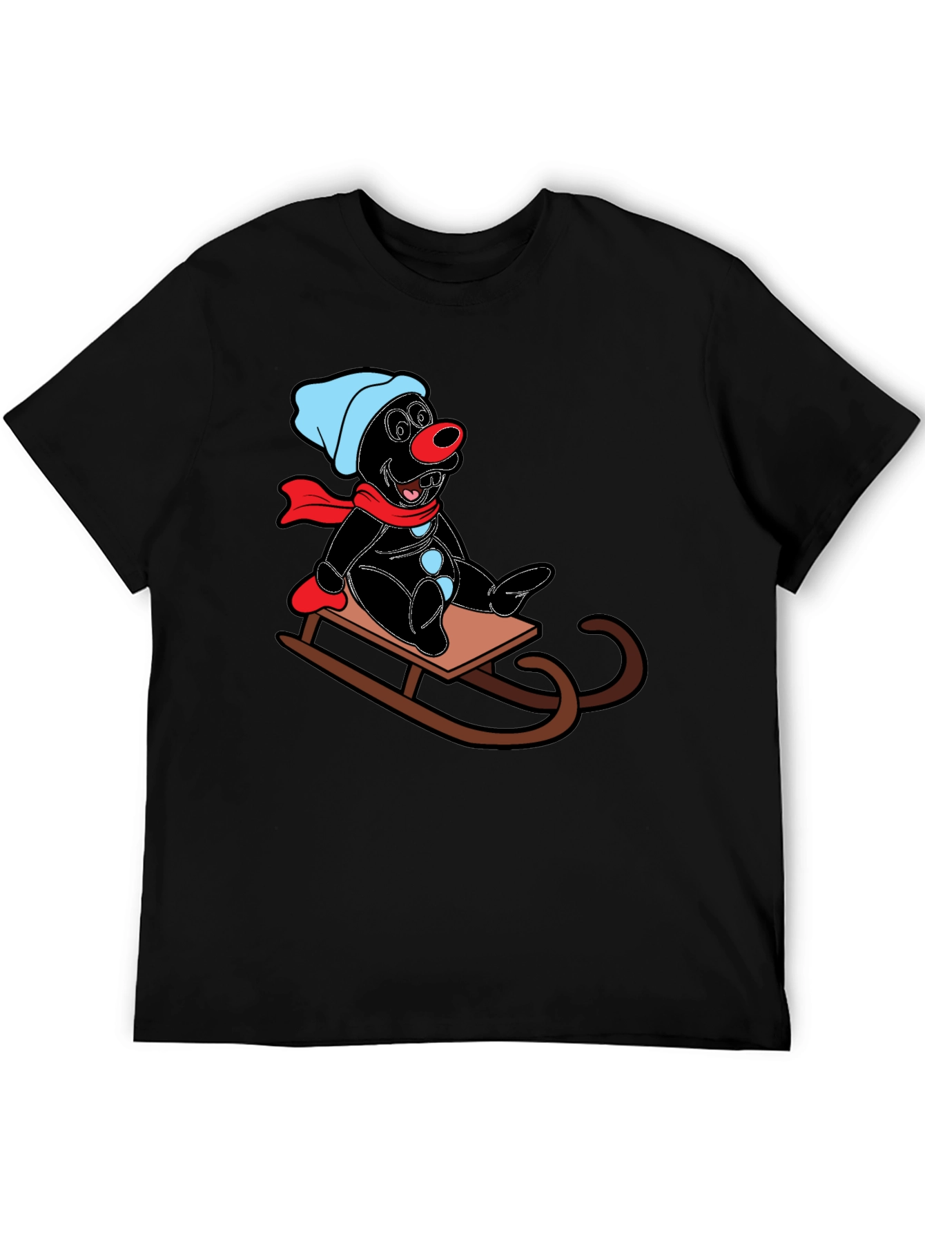 Cartoon Mole on Sled Black T-Shirt