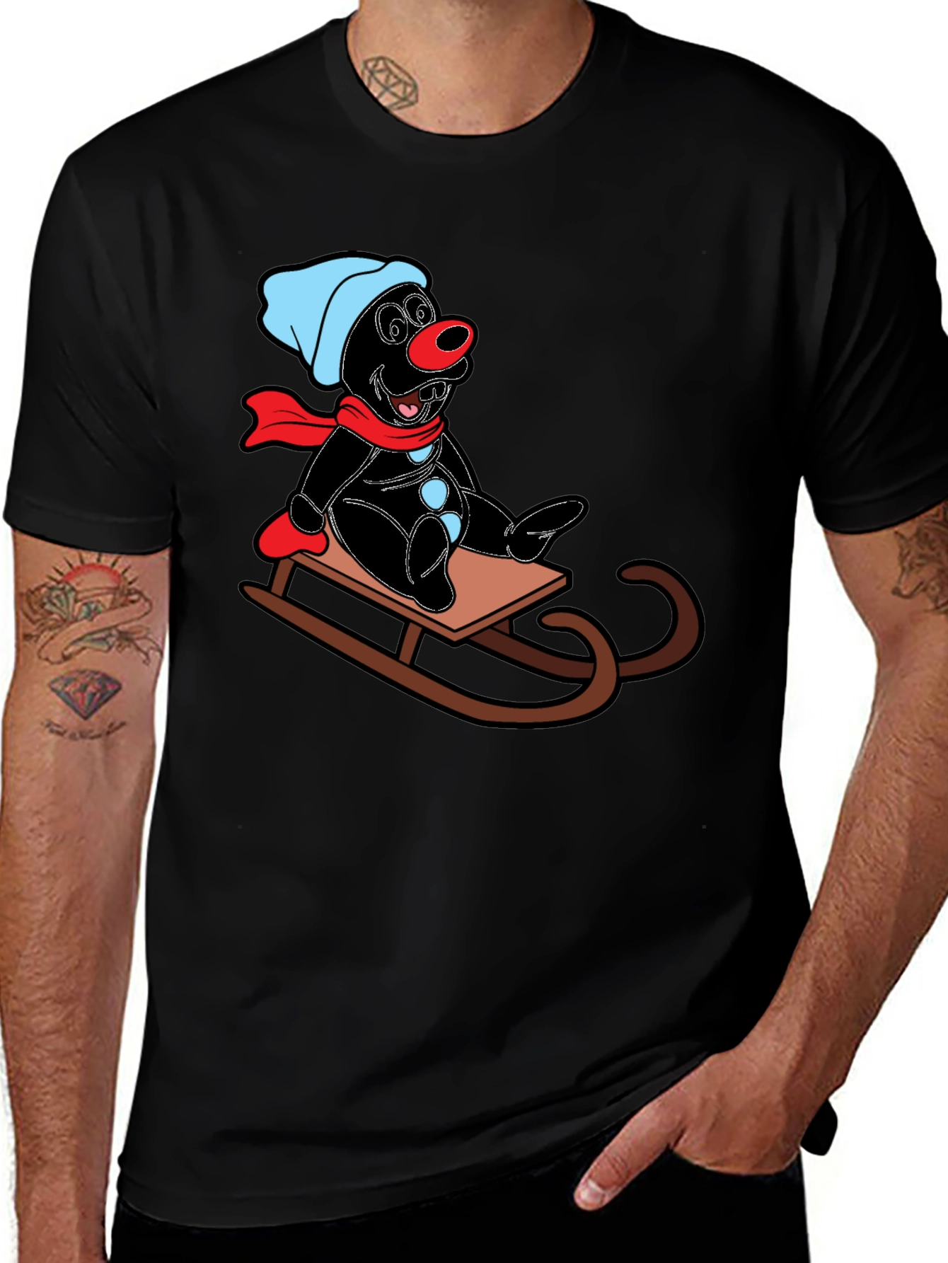 Cartoon Mole on Sled Black T-Shirt