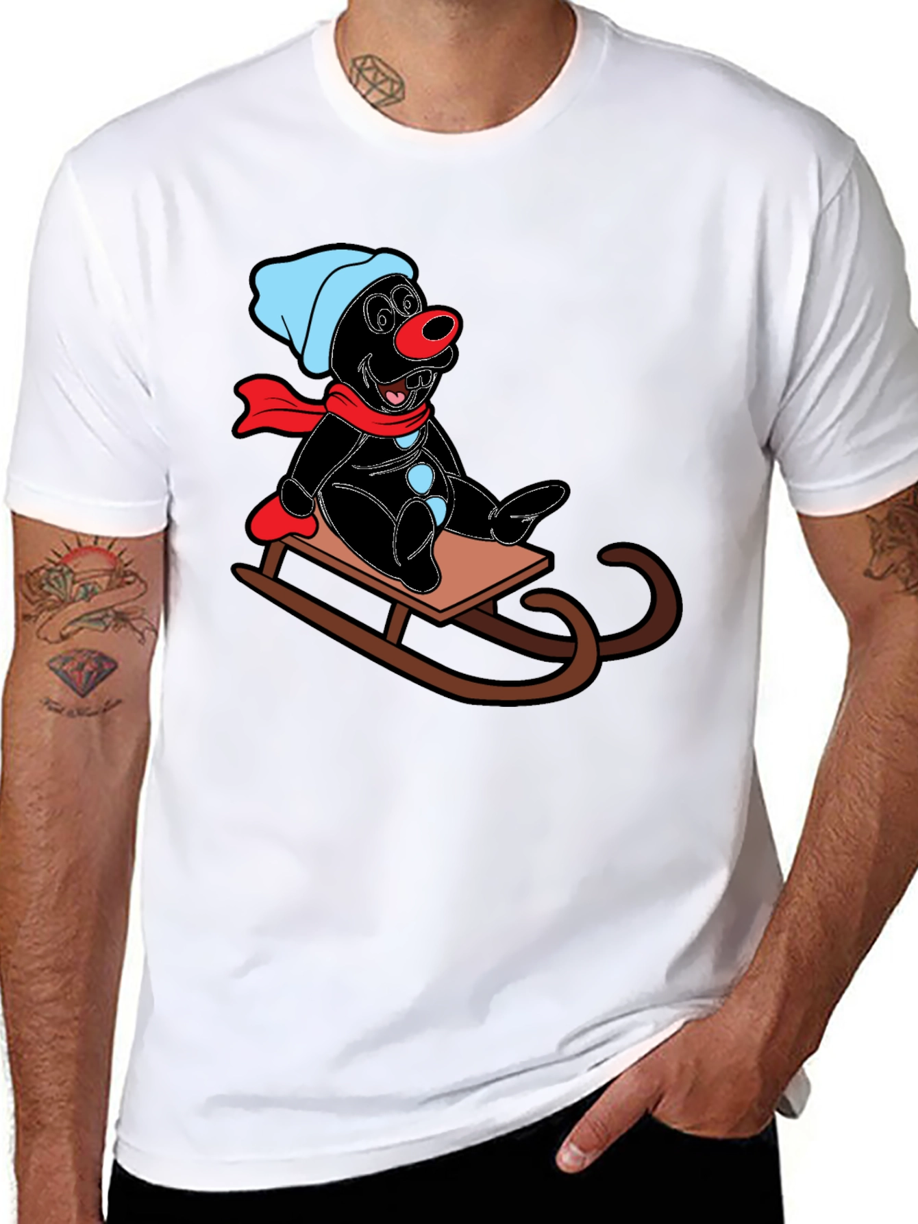 Cartoon Mole on Sled Black T-Shirt