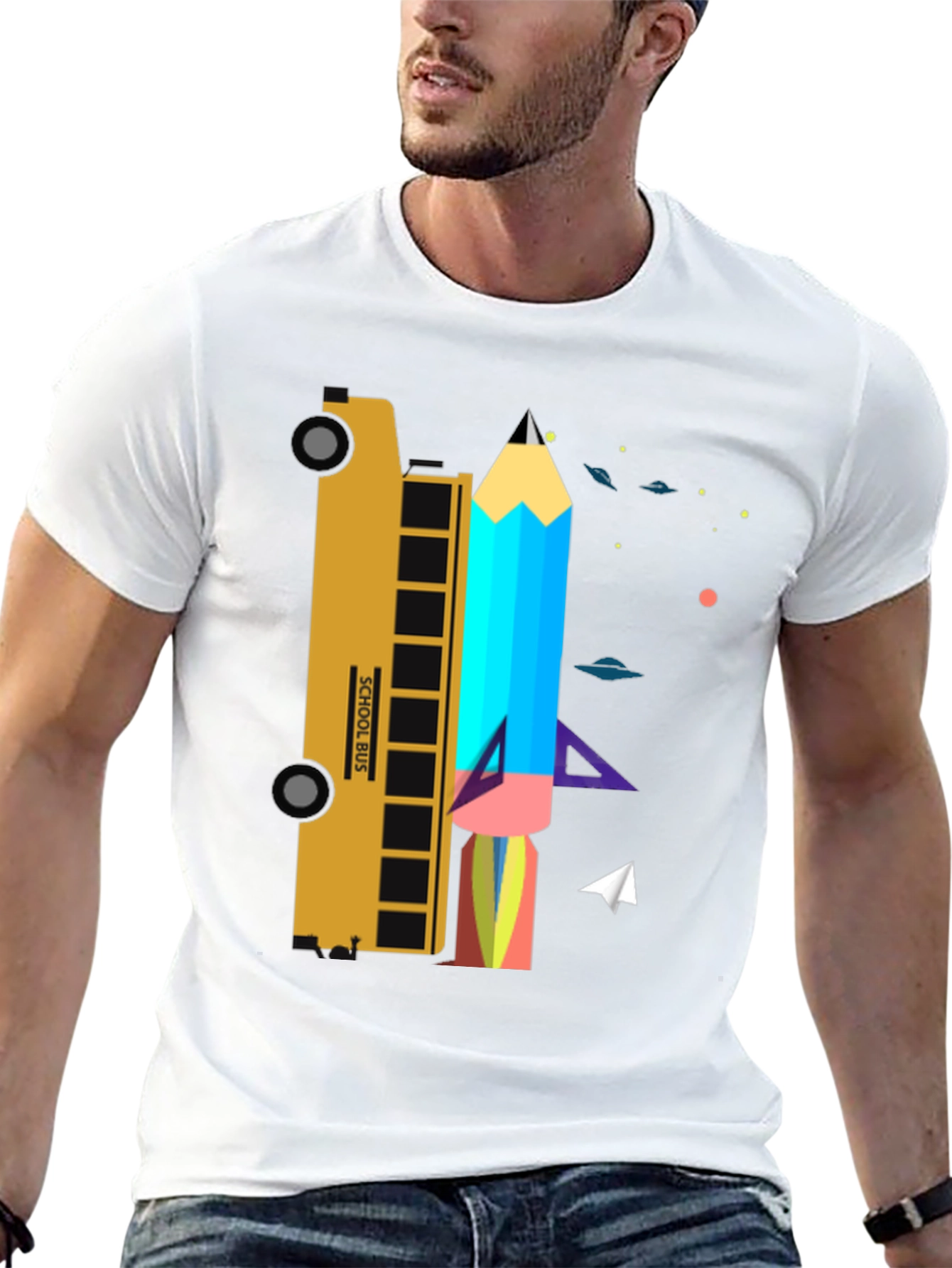 School Bus & Pencil Rocket Graphic Tee