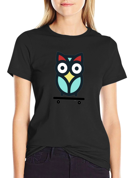 Skateboarding Owl Graphic Tee - Black Cotton T-Shirt