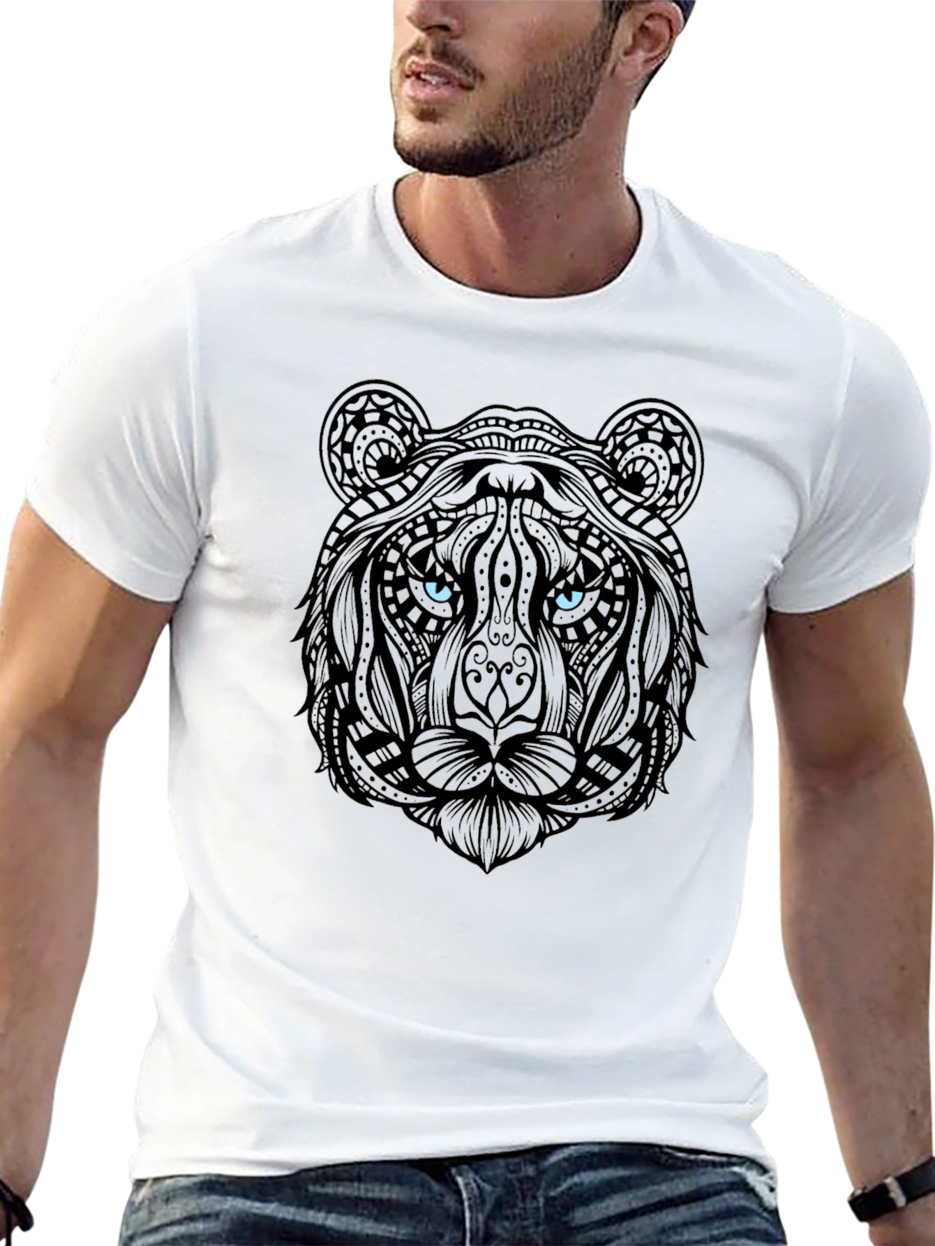 Tiger Graphic Print Crew Neck Mens Black T-Shirt