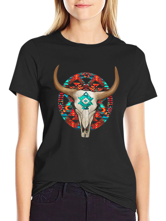Cow Skull Graphic Print Black T-Shirt