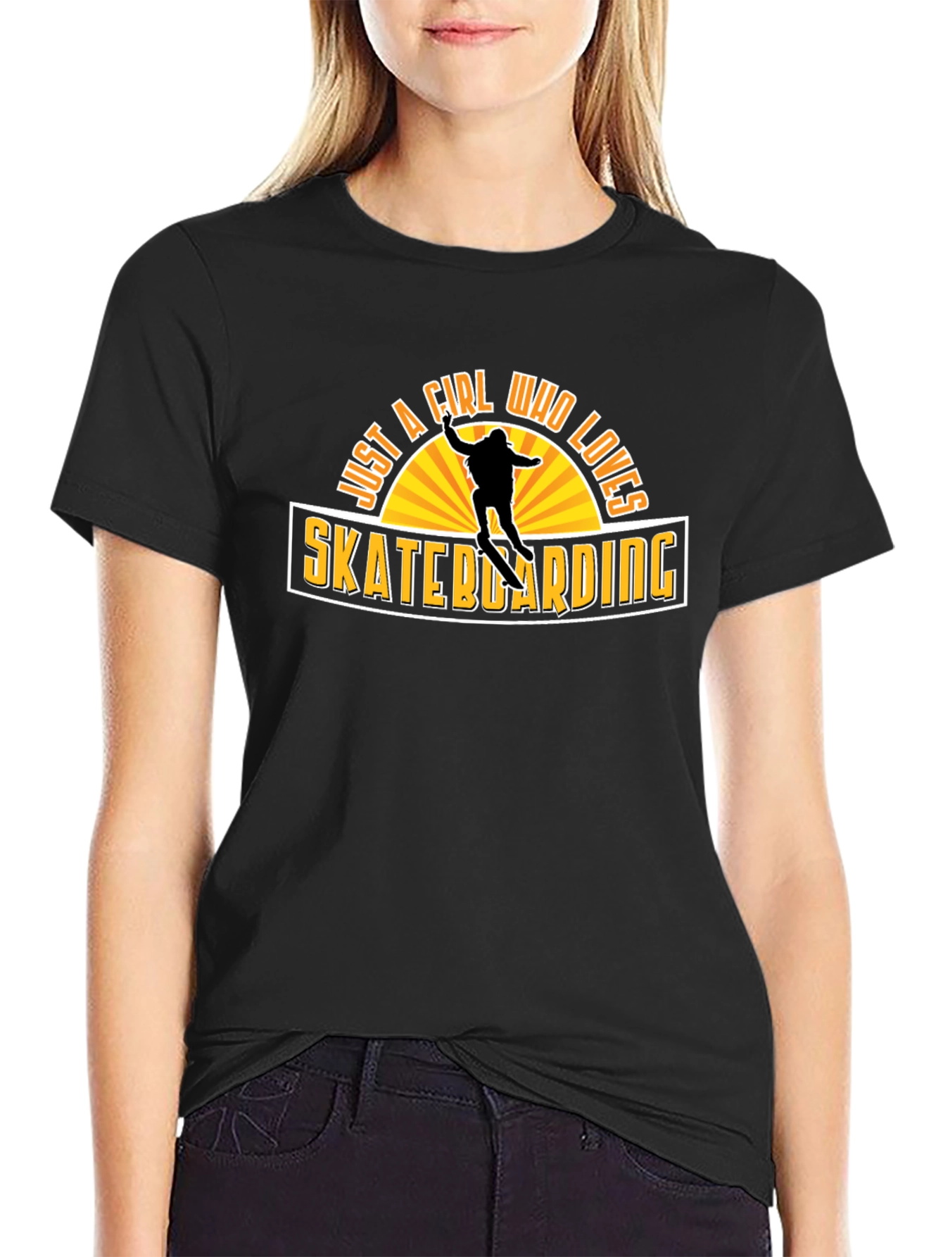 Skateboarding Girl Graphic Tee - Black Cotton Shirt