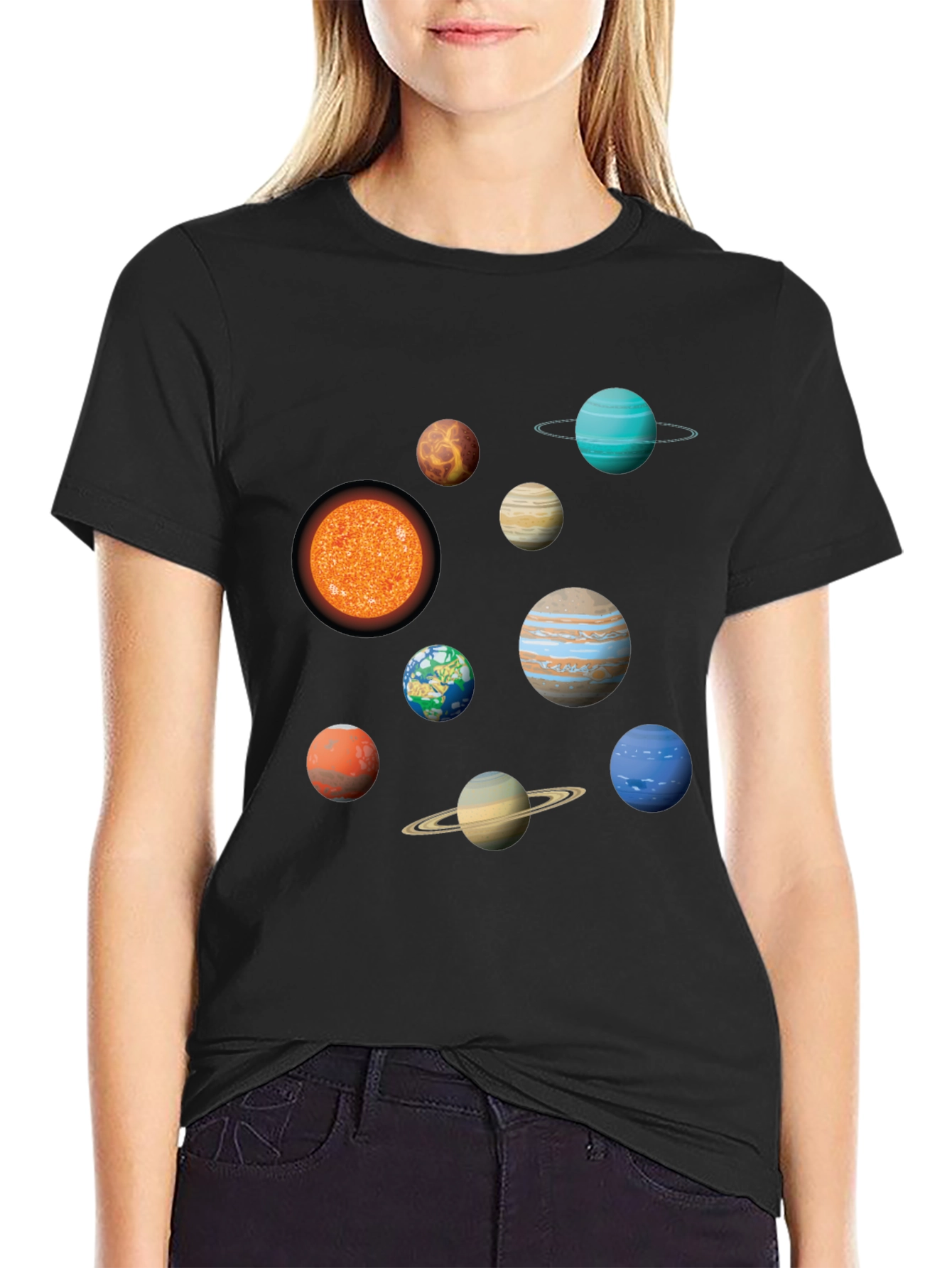 Solar System Planets Graphic Print Black T-Shirt
