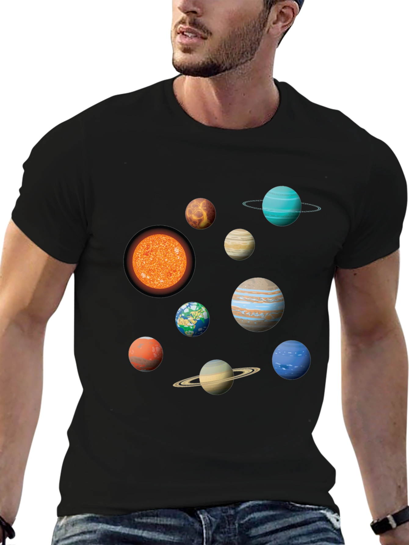 Solar System Planets Graphic Print Black T-Shirt