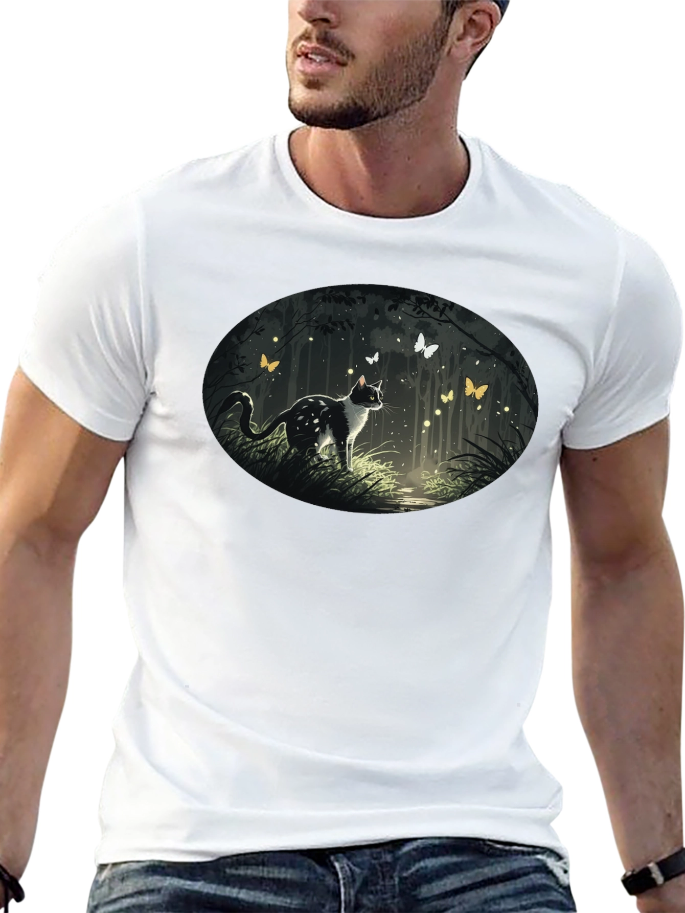 Cat & Butterfly Graphic Tee - Black Cotton T-Shirt