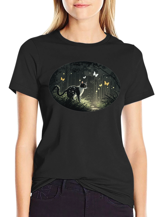 Cat & Butterfly Graphic Tee - Black Cotton T-Shirt