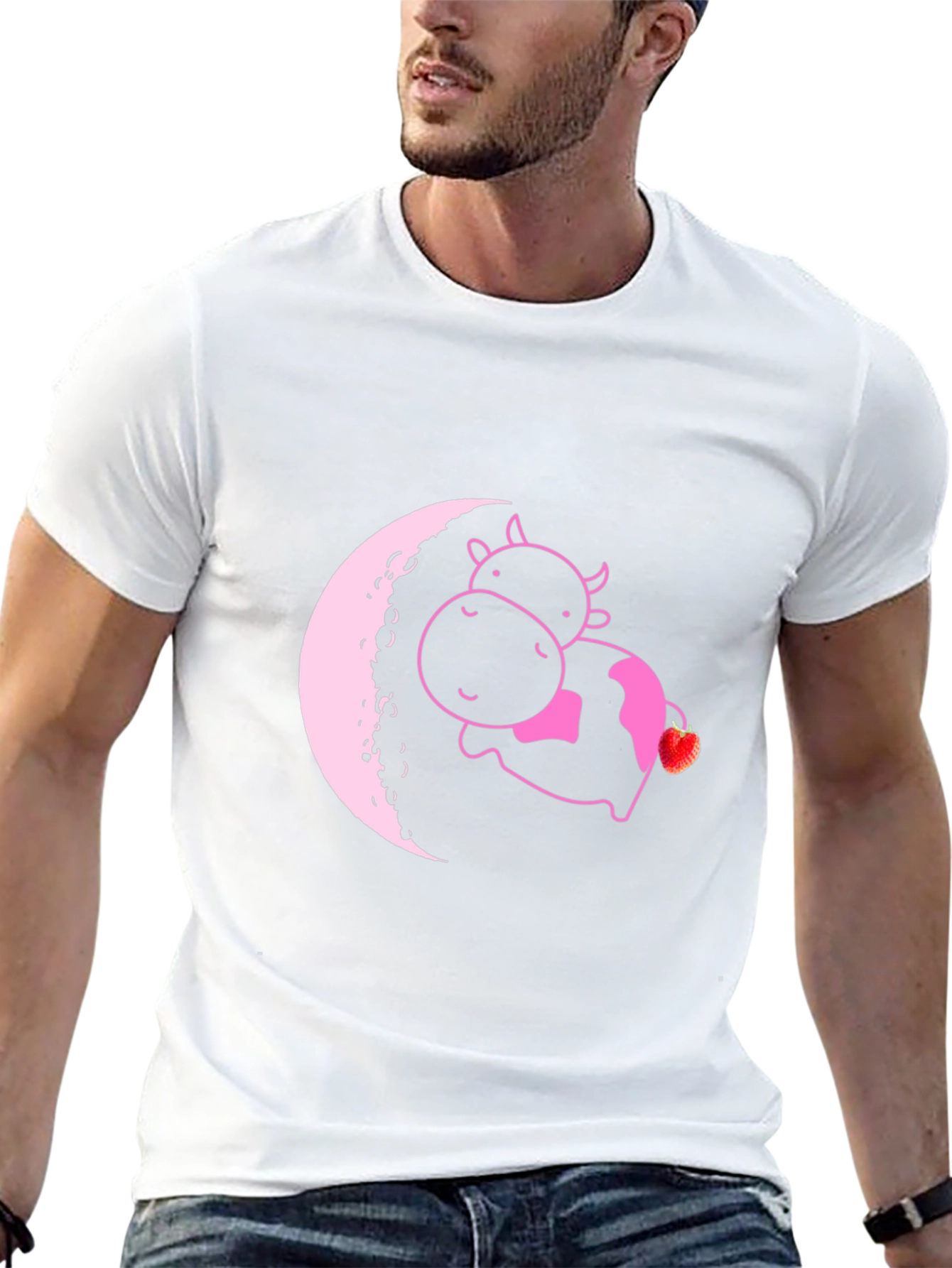 Cute Cow on Moon T-Shirt - Strawberry Dream