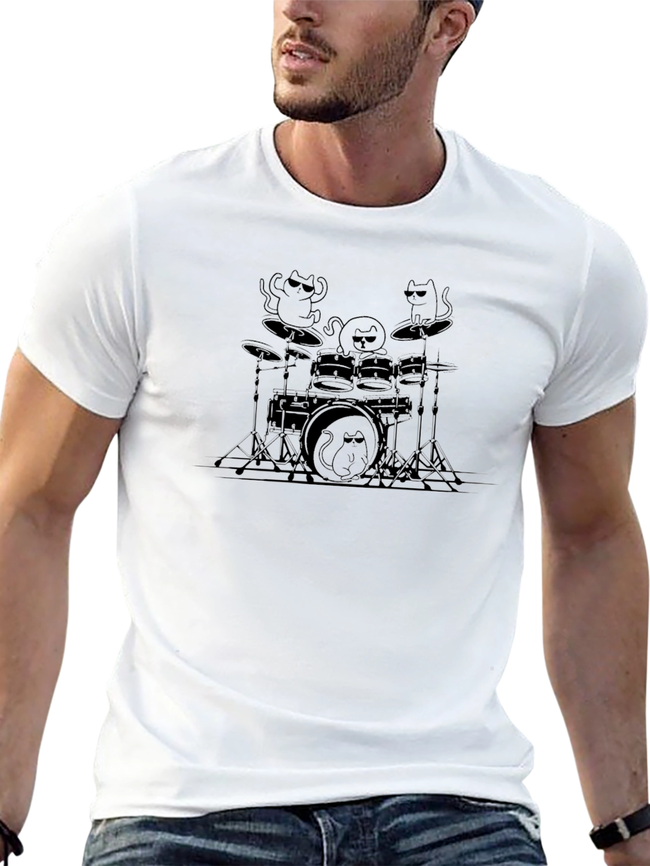 Cat Band Drummer T-Shirt - Black