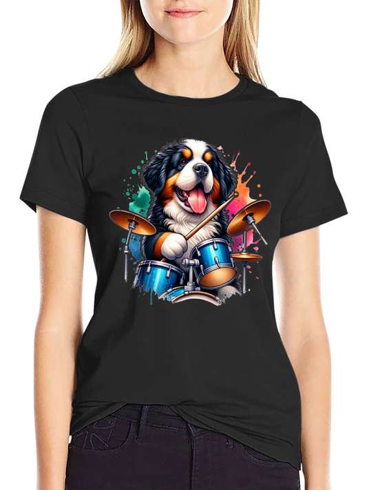 Drummer Dog Graphic Tee - Black Cotton T-Shirt