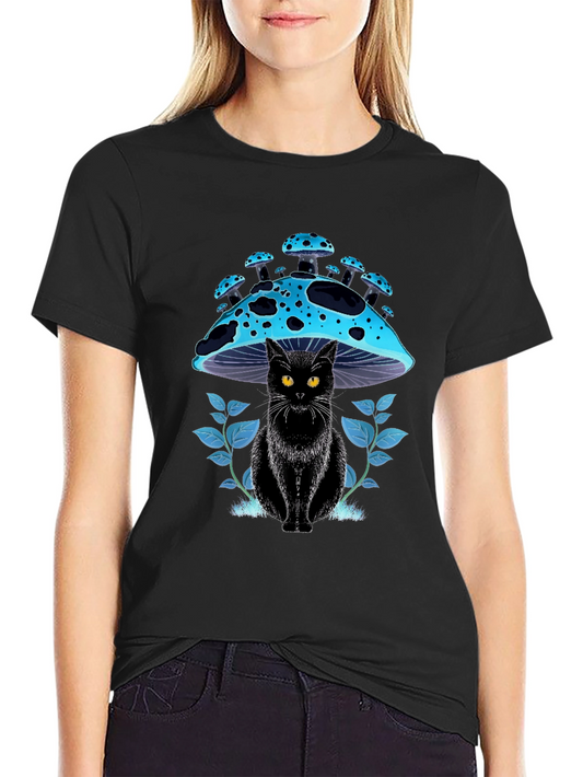 Black Cat Mushroom T-Shirt - Unique Graphic Tee