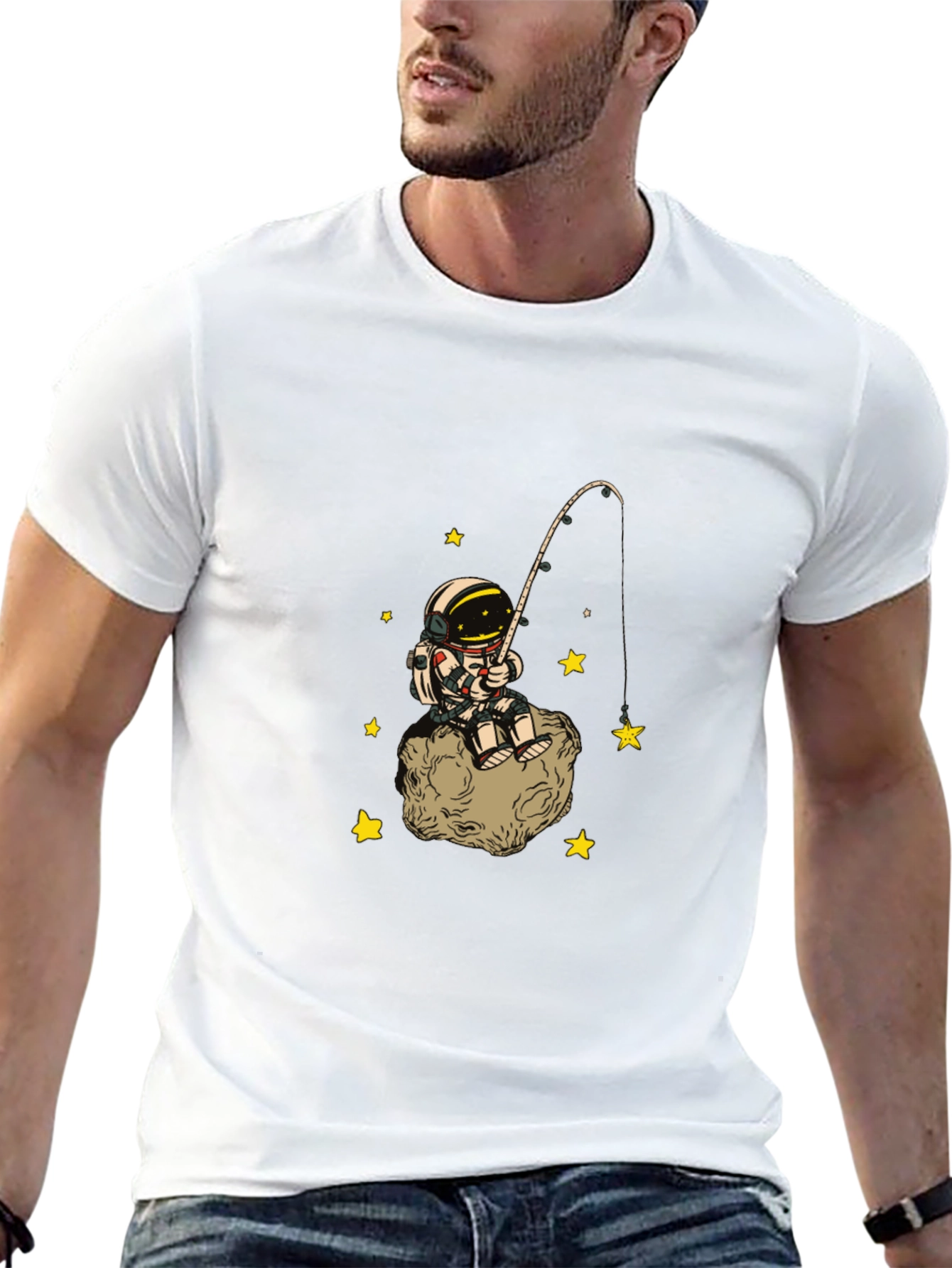 Astronaut Fishing Starry Tee - Outer Space Cotton T-Shirt