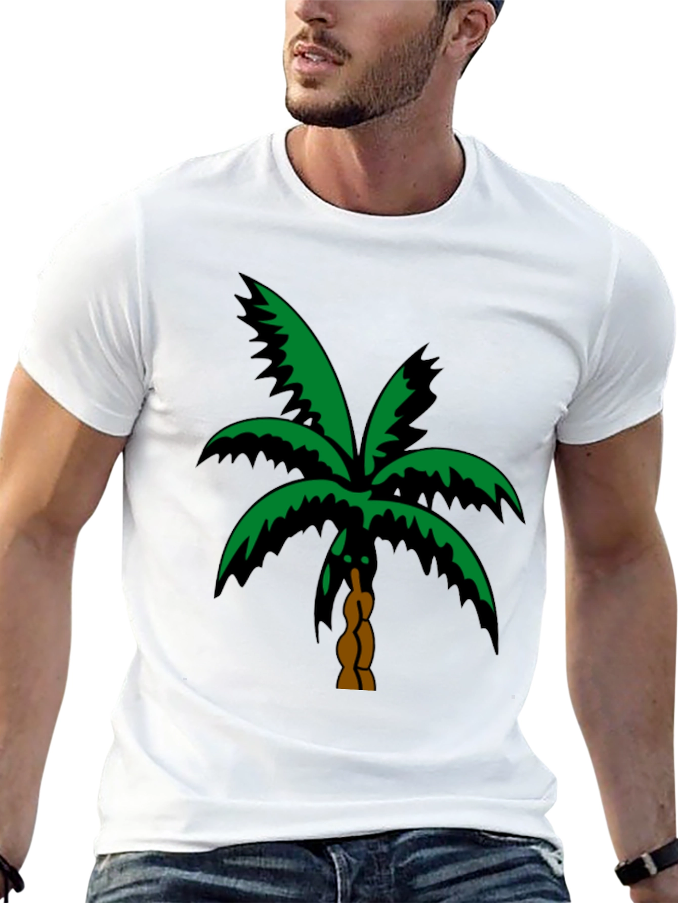 Tropical Palm Tree Graphic Tee - Black Cotton T-Shirt