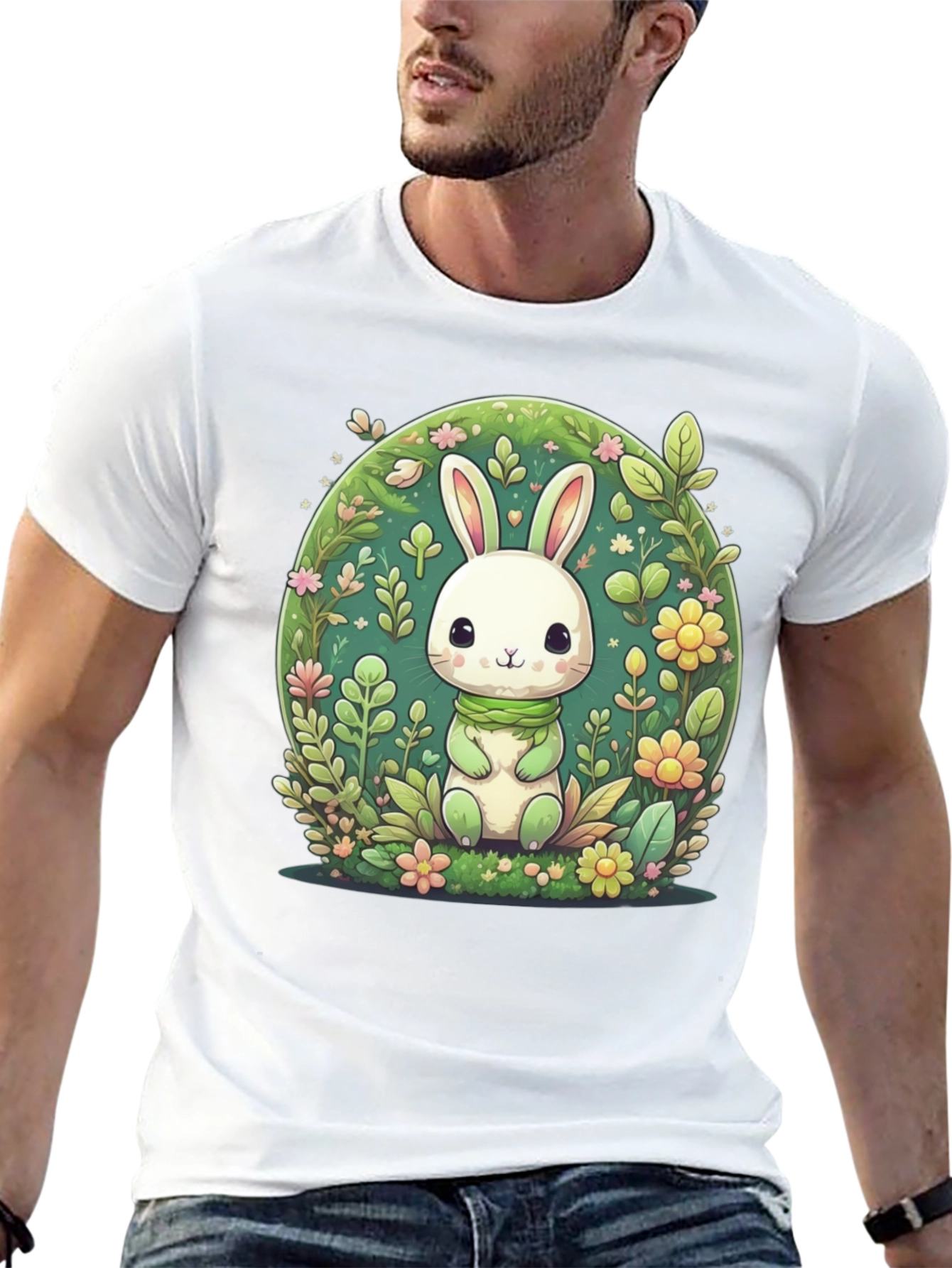 Cute Bunny & Floral Design Black T-Shirt
