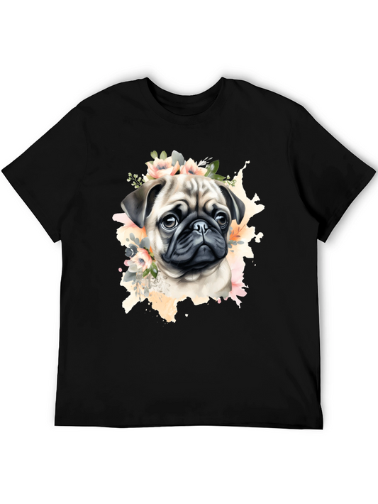 Pug Floral Watercolor Mens Black T-Shirt
