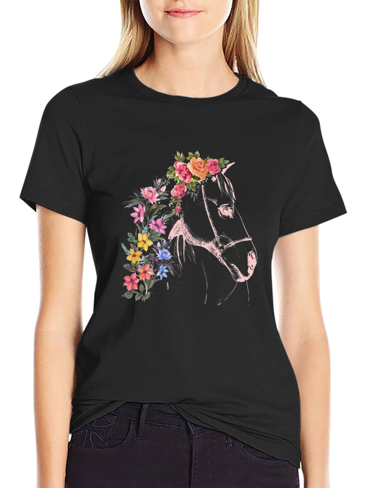 Floral Horse Graphic Tee - Black Cotton T-Shirt