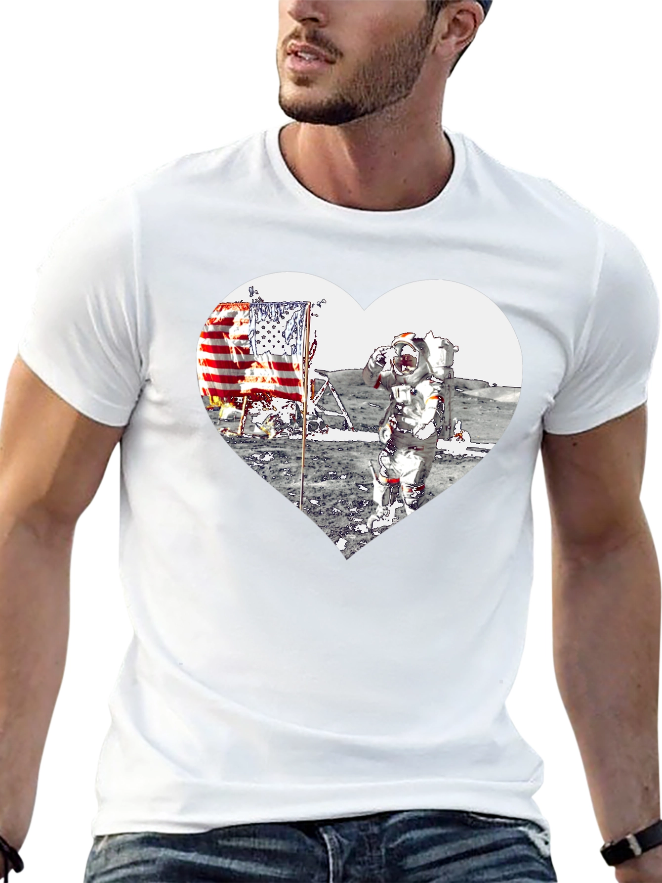 Astronaut Moon Landing Heart Graphic Black T-Shirt
