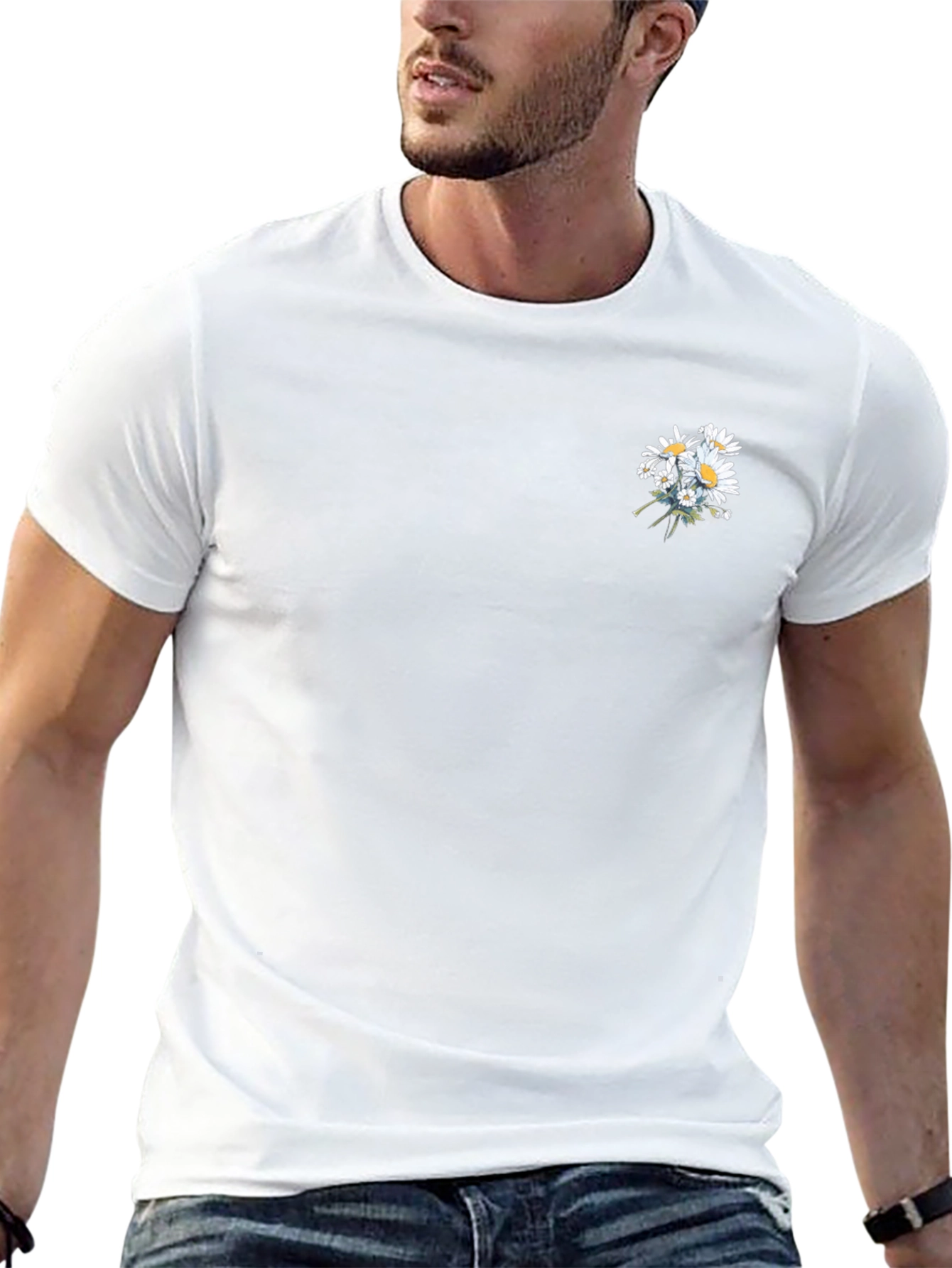 Mens Black T-Shirt with Daisy Floral Design