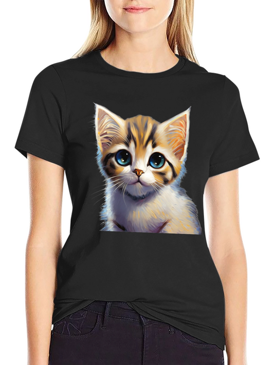 Cute Kitten Graphic Print Black T-Shirt