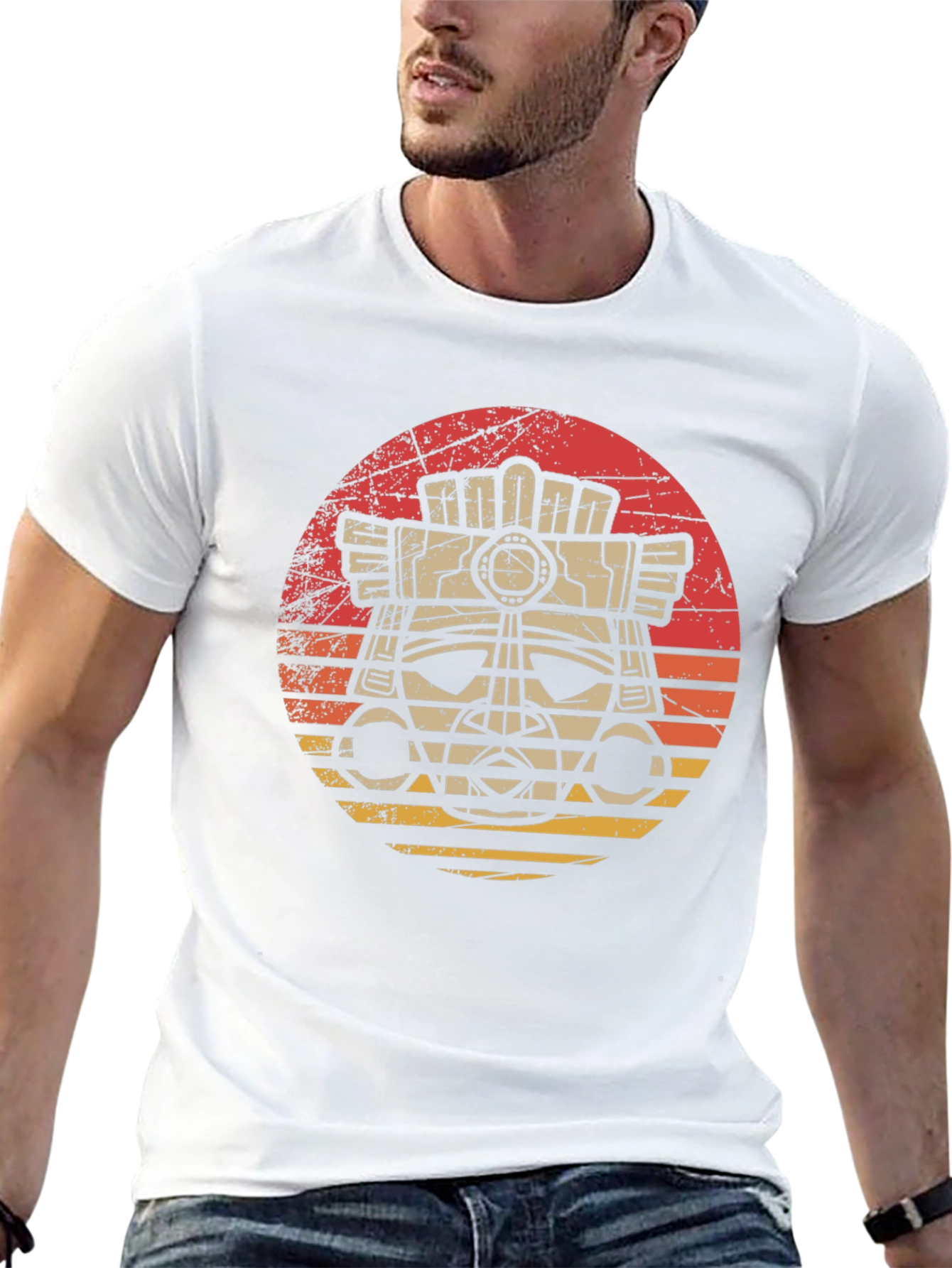 Aztec Mask Graphic Tee - Retro Sunset Style