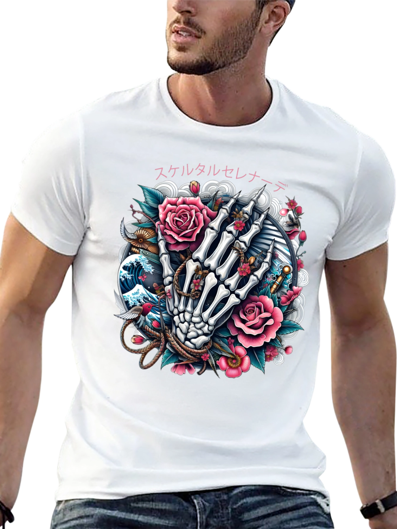 Floral Skeleton Hand Graphic Tee - Black