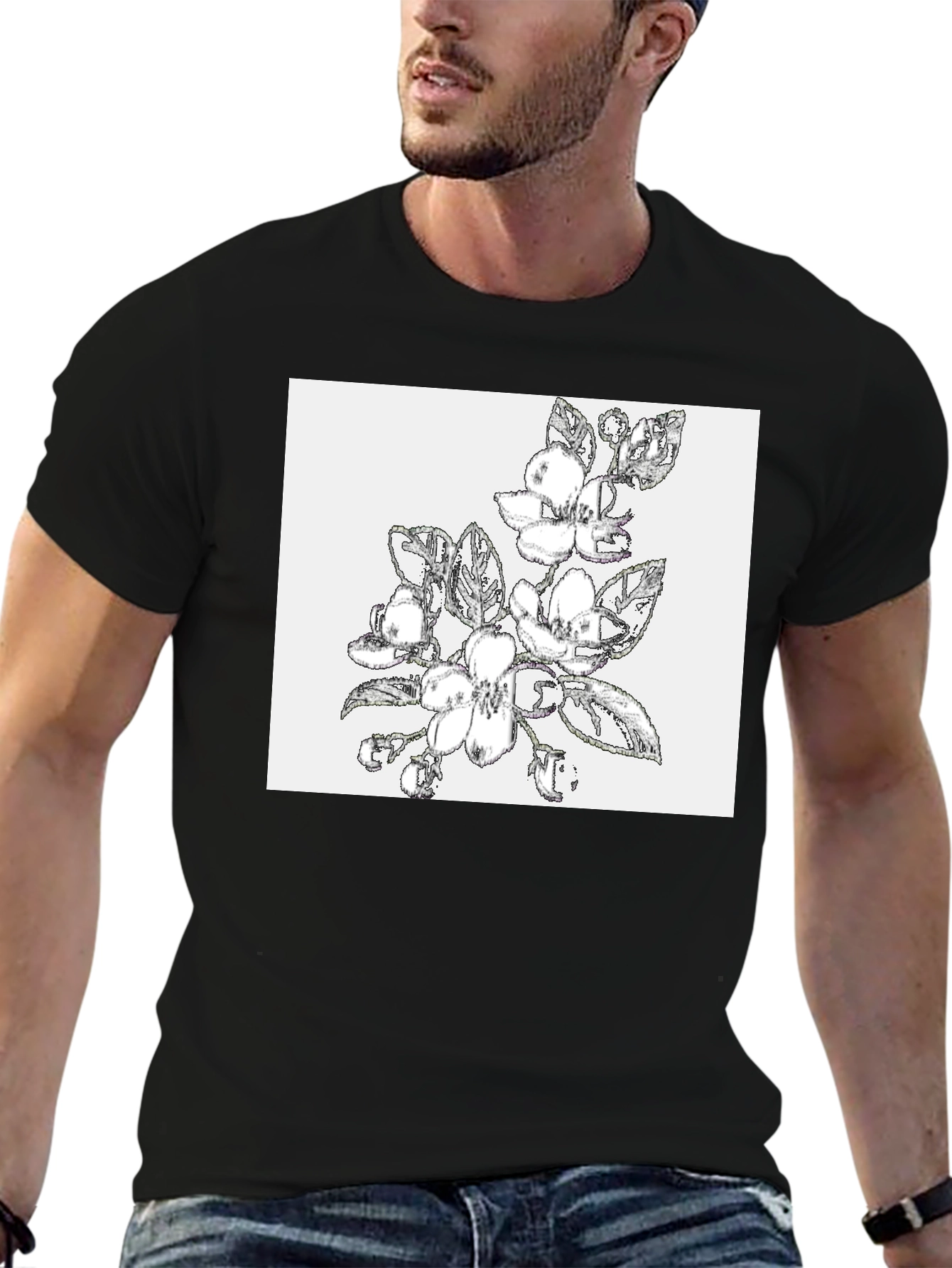 Floral Sketch Graphic Black T-Shirt