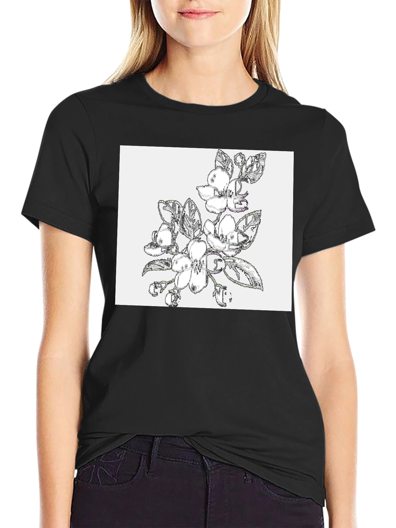 Floral Sketch Graphic Black T-Shirt