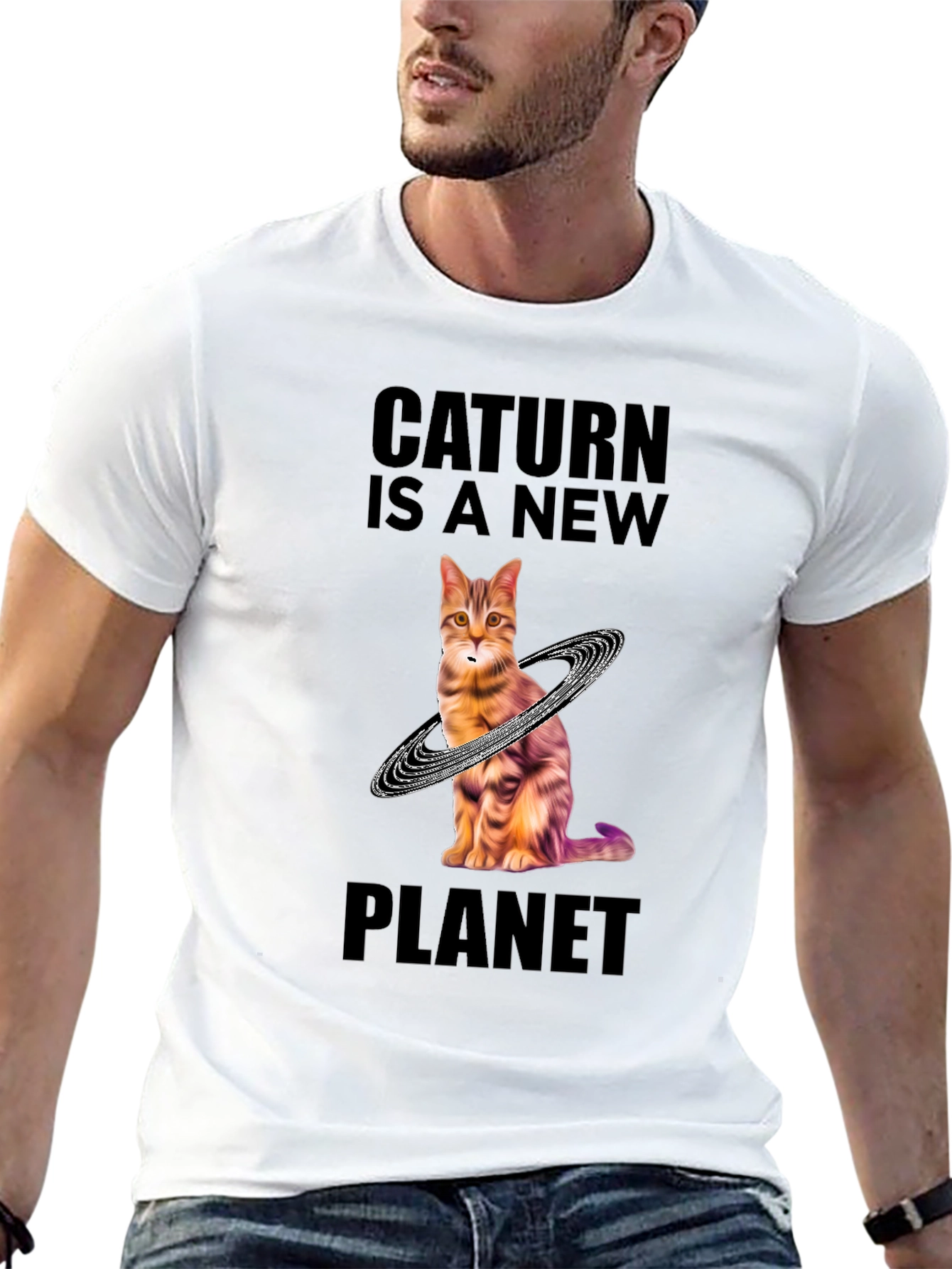 Caturn Planet T-Shirt - Unique Galaxy Cat Design