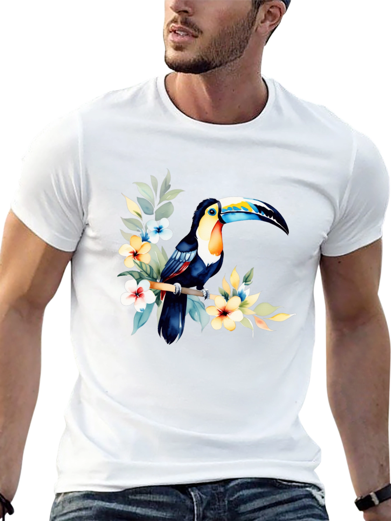 Tropical Toucan Graphic Tee - Black Cotton T-Shirt