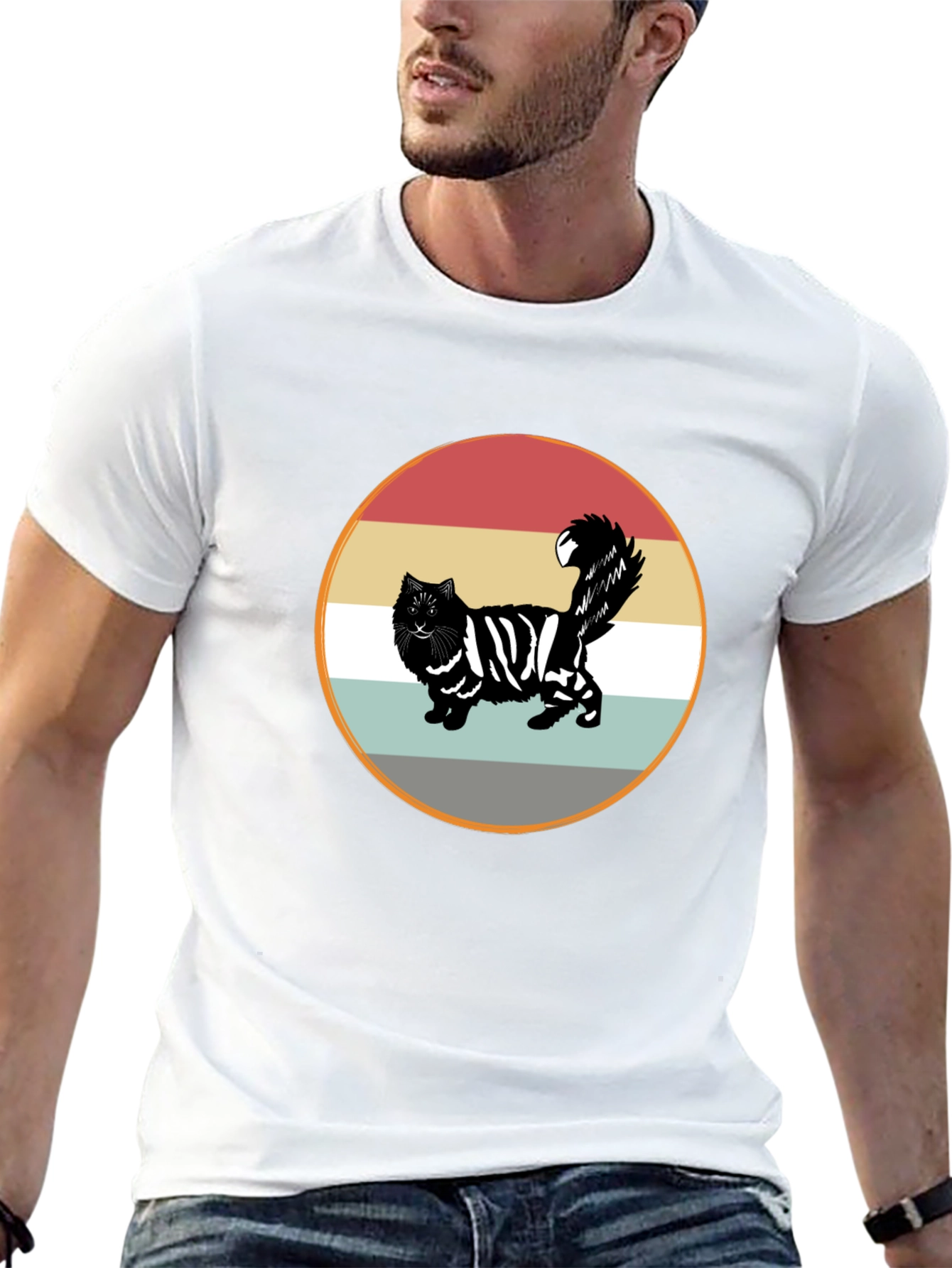 Retro Striped Cat Graphic Tee - Black