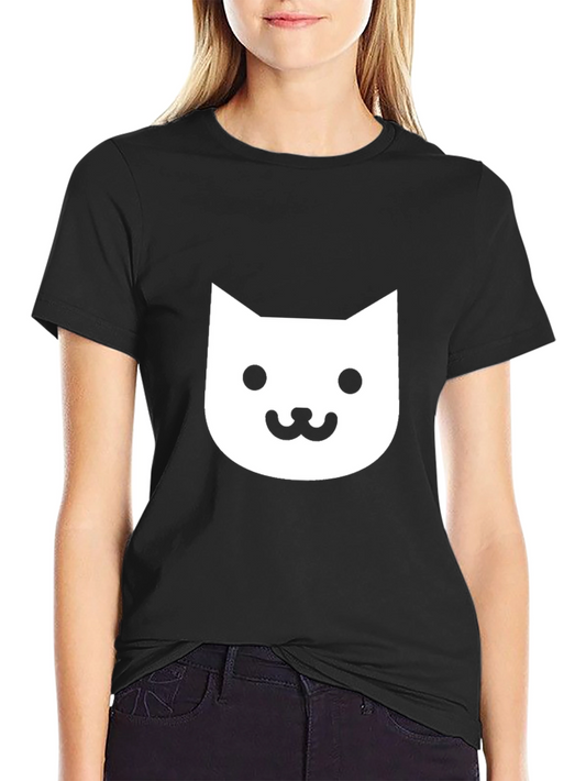 Cute Cat Face Graphic Tee - Black Cotton T-Shirt