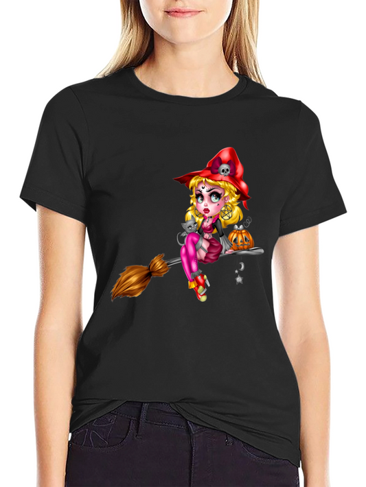Witch on Broom Black T-Shirt - Halloween Graphic Tee