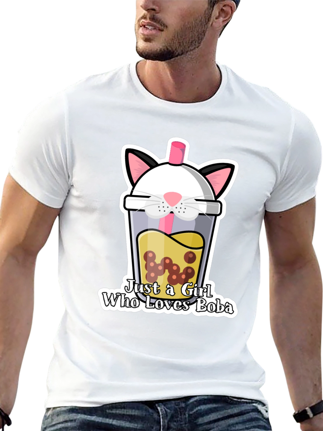 Cute Boba Cat Graphic Tee - Black Unisex T-Shirt
